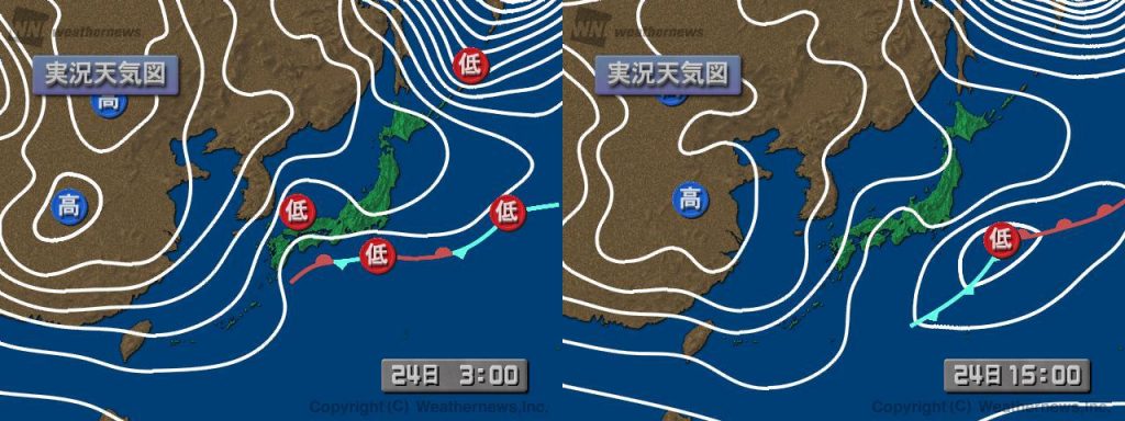 図４：天気図（左：日本時間24日3時、右：24日15時）