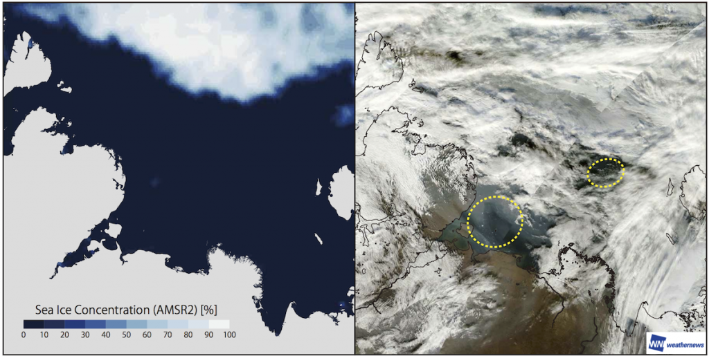 ￼図 5.2016 年 9 月 16 日の北極海ラプテフ海における ￼受動マイクロ波観測衛星(GCOM-W)による海氷解析図(左)と可視衛星(Terra)による衛星画像(右)