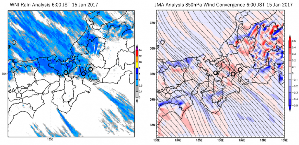 図10：1月15日6時のウェザーニューズの解析雨量（左）、気象庁毎時大気解析の上空約1,500mの風と収束 （右、赤が収束、青が発散）、丸は京都、四日市、名古屋の各都市を示す 