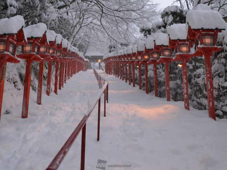 15日08:11　京都市左京区貴船神社 今は貴船神社まで来ています。雪がフワフワからシンシンレベルで降り続いていますが、時折青空が見える空模様となっています。 