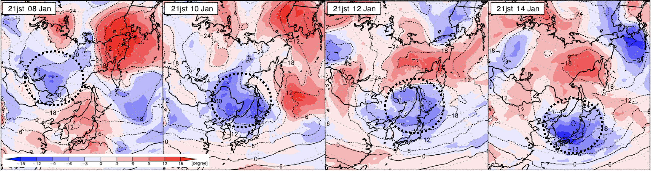 図6：上空約3,000mの気温の推移（1月8、10、12、14日のそれぞれ日本時間21時、 米国GFSモデルの解析気温（等値線）及び、そのNOAA平年値からの偏差（色）。点線の丸は今回の強い寒気を示す。）