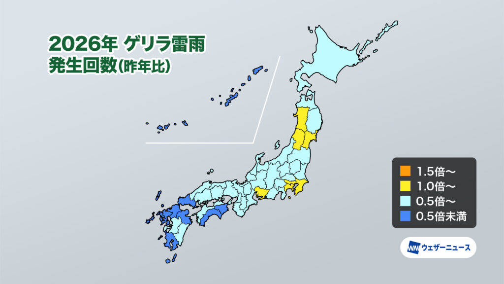 2026年ゲリラ雷雨発生回数（2025年比）